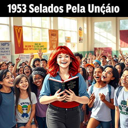 A vibrant and dynamic scene showcasing a youth-oriented religious event in a school setting, prominently featuring the title "153 Selados Pela Unção" in bold, eye-catching letters at the top