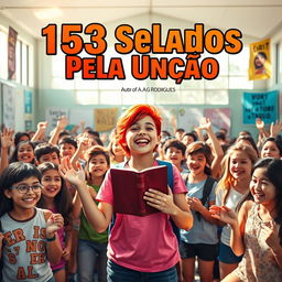 A vibrant and dynamic scene showcasing a youth-oriented religious event in a school setting, prominently featuring the title "153 Selados Pela Unção" in bold, eye-catching letters at the top