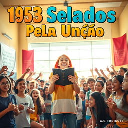 A vibrant and dynamic scene showcasing a youth-oriented religious event in a school setting, prominently featuring the title "153 Selados Pela Unção" in bold, eye-catching letters at the top