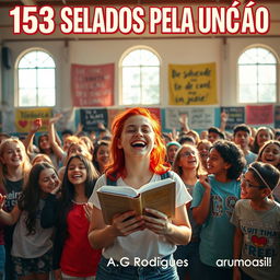 A vibrant and dynamic scene showcasing a youth-oriented religious event in a school setting, prominently featuring the title "153 Selados Pela Unção" in bold, eye-catching letters at the top