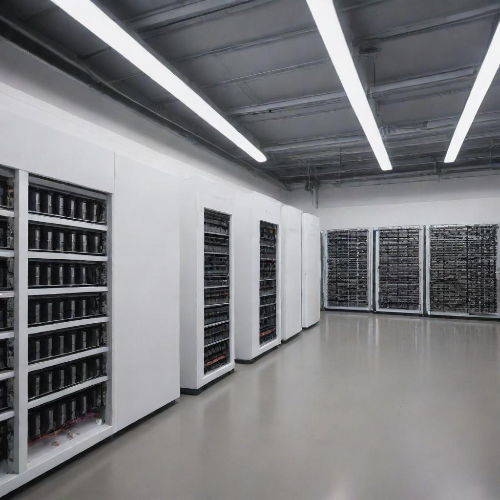 Tesla batteries arranged neatly and charged, alongside clean and modern operational data store (ODS) facilities