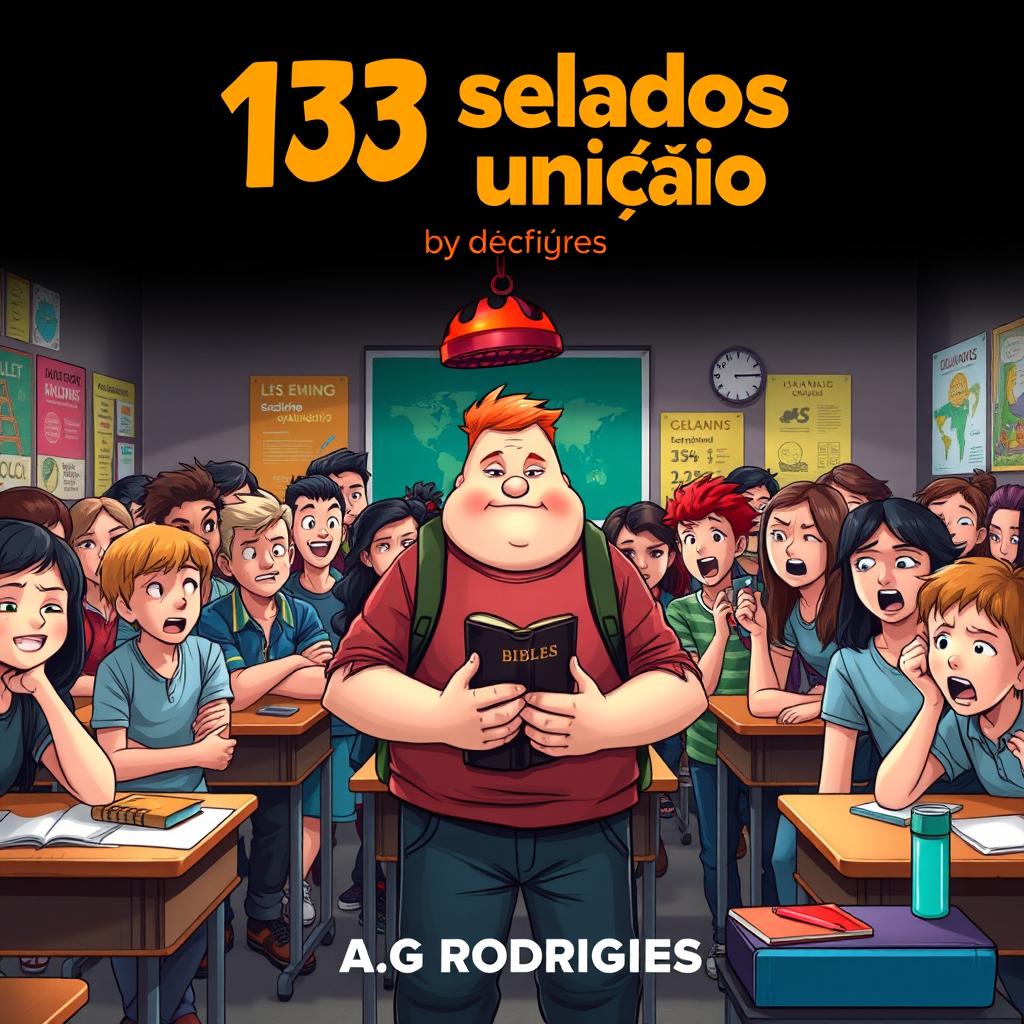 A vibrant classroom scene featuring a plump, red-haired teenage boy at the center, holding a Bible