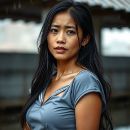 A beautiful Indonesian woman in a wet school uniform, with her clothing clinging to her figure, emphasizing her curves while maintaining an artistic and tasteful appearance