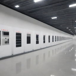 Tesla batteries arranged neatly and charged, alongside clean and modern operational data store (ODS) facilities