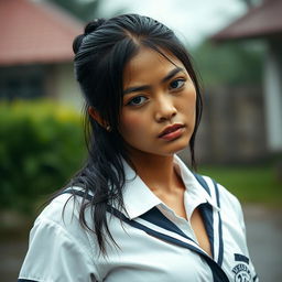 A beautiful Indonesian woman in a wet school uniform, with her clothing clinging to her figure, emphasizing her curves while maintaining an artistic and tasteful appearance