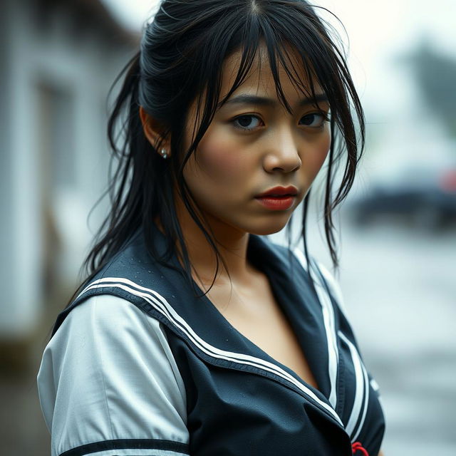 A beautiful Indonesian woman in a wet school uniform, with her clothing clinging to her figure, emphasizing her curves while maintaining an artistic and tasteful appearance