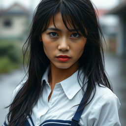 A beautiful Indonesian woman in a wet school uniform, with her clothing clinging to her figure, emphasizing her curves while maintaining an artistic and tasteful appearance