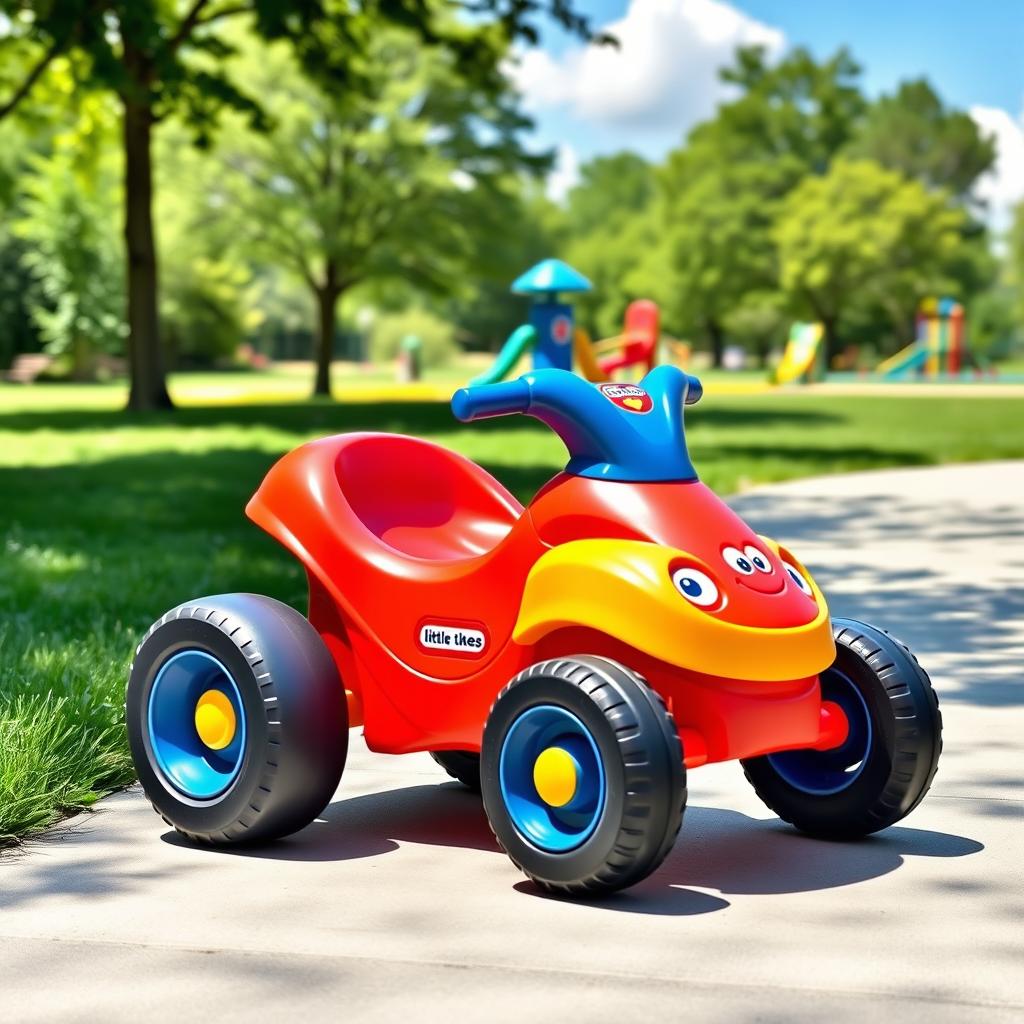 A colorful Little Tikes gokart, designed for children, featuring a sturdy plastic body in bright primary colors like red, blue, and yellow