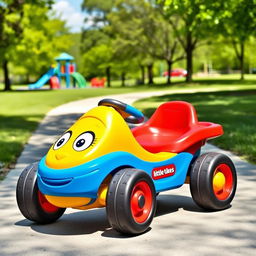 A colorful Little Tikes gokart, designed for children, featuring a sturdy plastic body in bright primary colors like red, blue, and yellow