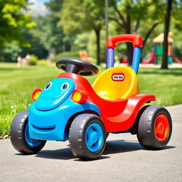 A colorful Little Tikes gokart, designed for children, featuring a sturdy plastic body in bright primary colors like red, blue, and yellow