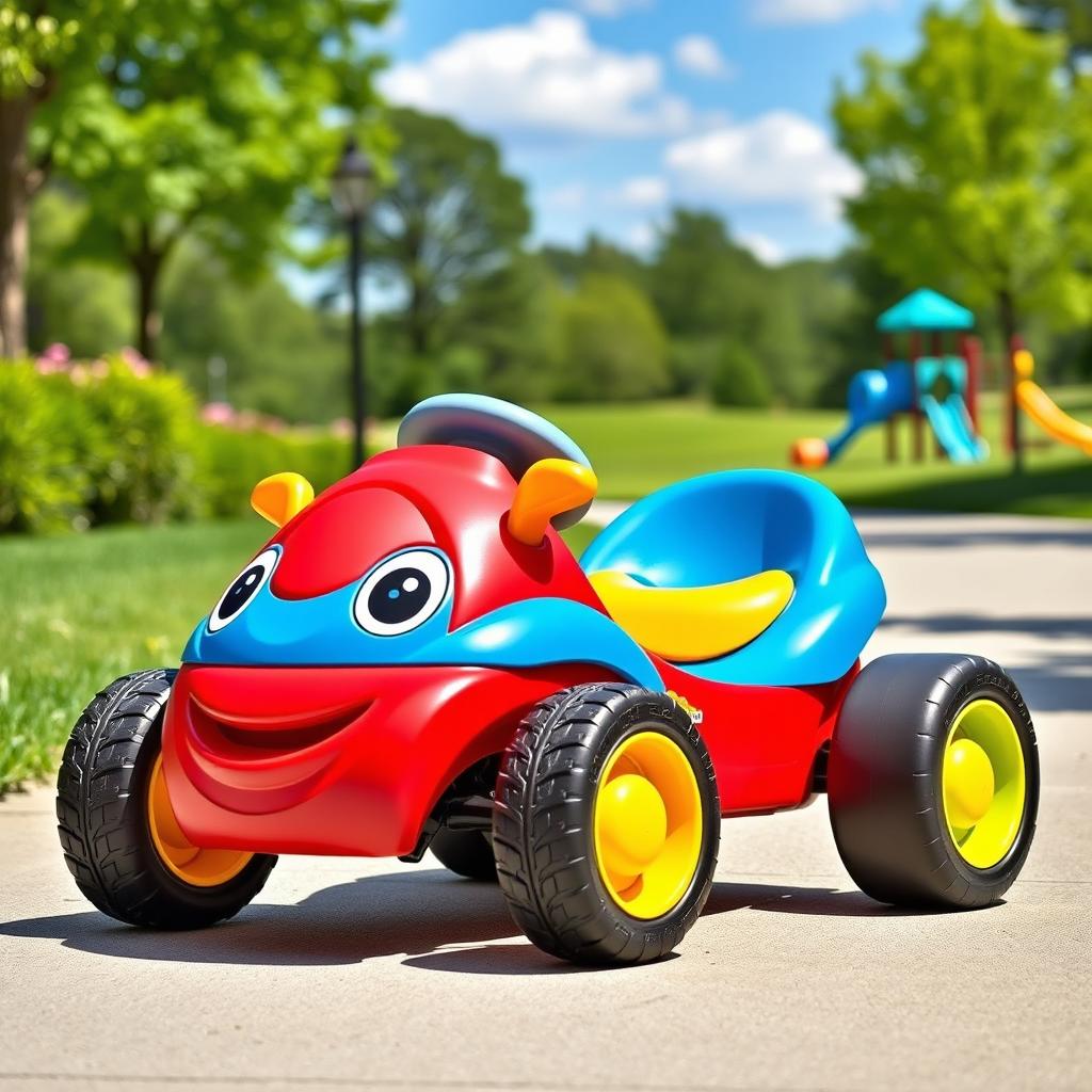 A colorful Little Tikes gokart, designed for children, featuring a sturdy plastic body in bright primary colors like red, blue, and yellow