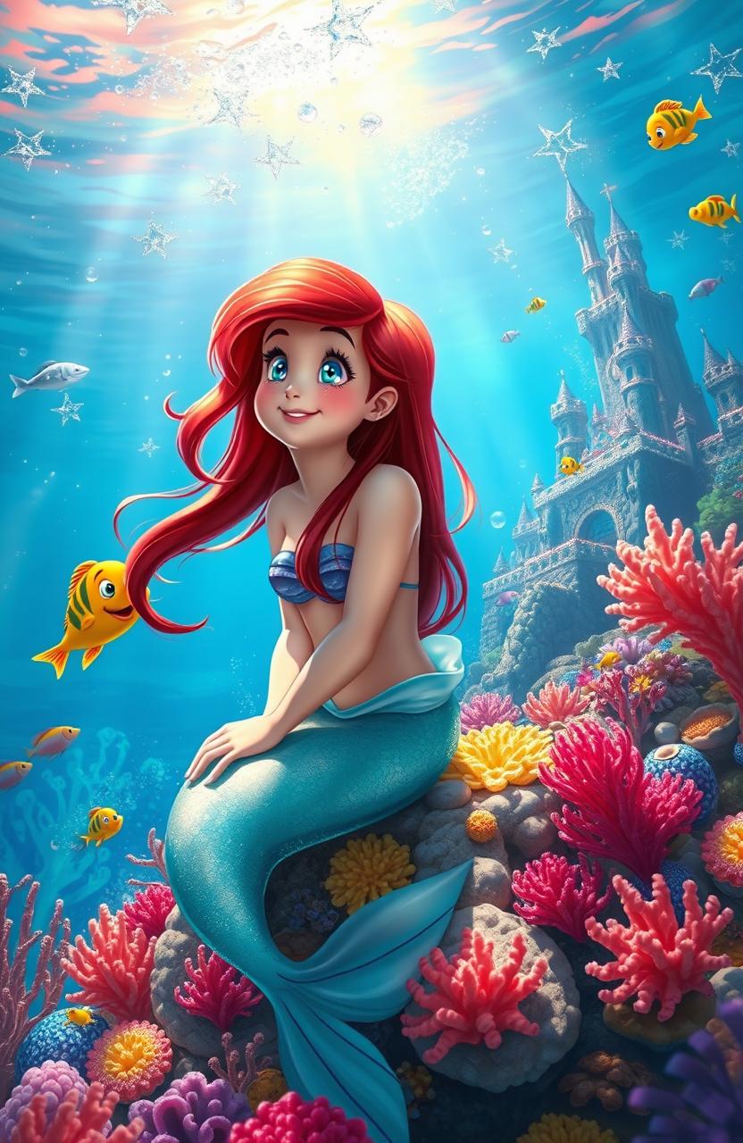 A beautiful, serene underwater scene depicting the Little Mermaid, a young mermaid with long flowing red hair, sitting on a colorful coral reef surrounded by vibrant fish and shimmering seaweed