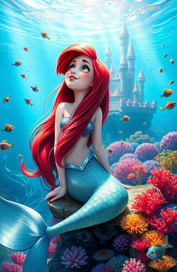 A beautiful, serene underwater scene depicting the Little Mermaid, a young mermaid with long flowing red hair, sitting on a colorful coral reef surrounded by vibrant fish and shimmering seaweed