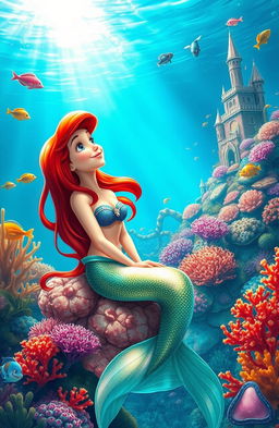 A beautiful, serene underwater scene depicting the Little Mermaid, a young mermaid with long flowing red hair, sitting on a colorful coral reef surrounded by vibrant fish and shimmering seaweed