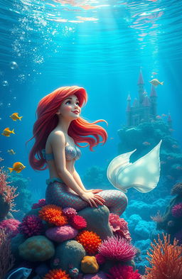 A beautiful, serene underwater scene depicting the Little Mermaid, a young mermaid with long flowing red hair, sitting on a colorful coral reef surrounded by vibrant fish and shimmering seaweed