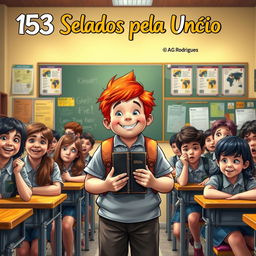 A vibrant classroom scene featuring a cheerful and slightly plump teenage boy with bright red hair, positioned in the center