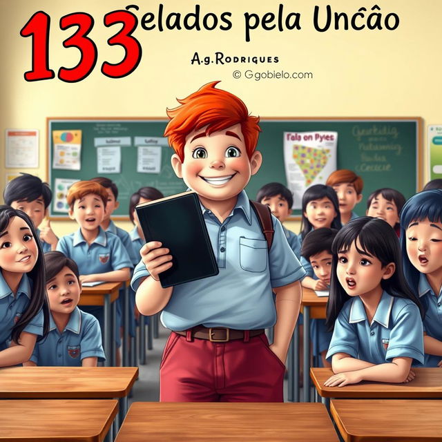 A vibrant classroom scene featuring a cheerful and slightly plump teenage boy with bright red hair, positioned in the center