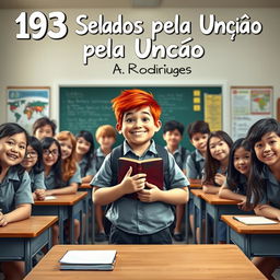 A vibrant classroom scene featuring a cheerful and slightly plump teenage boy with bright red hair, positioned in the center