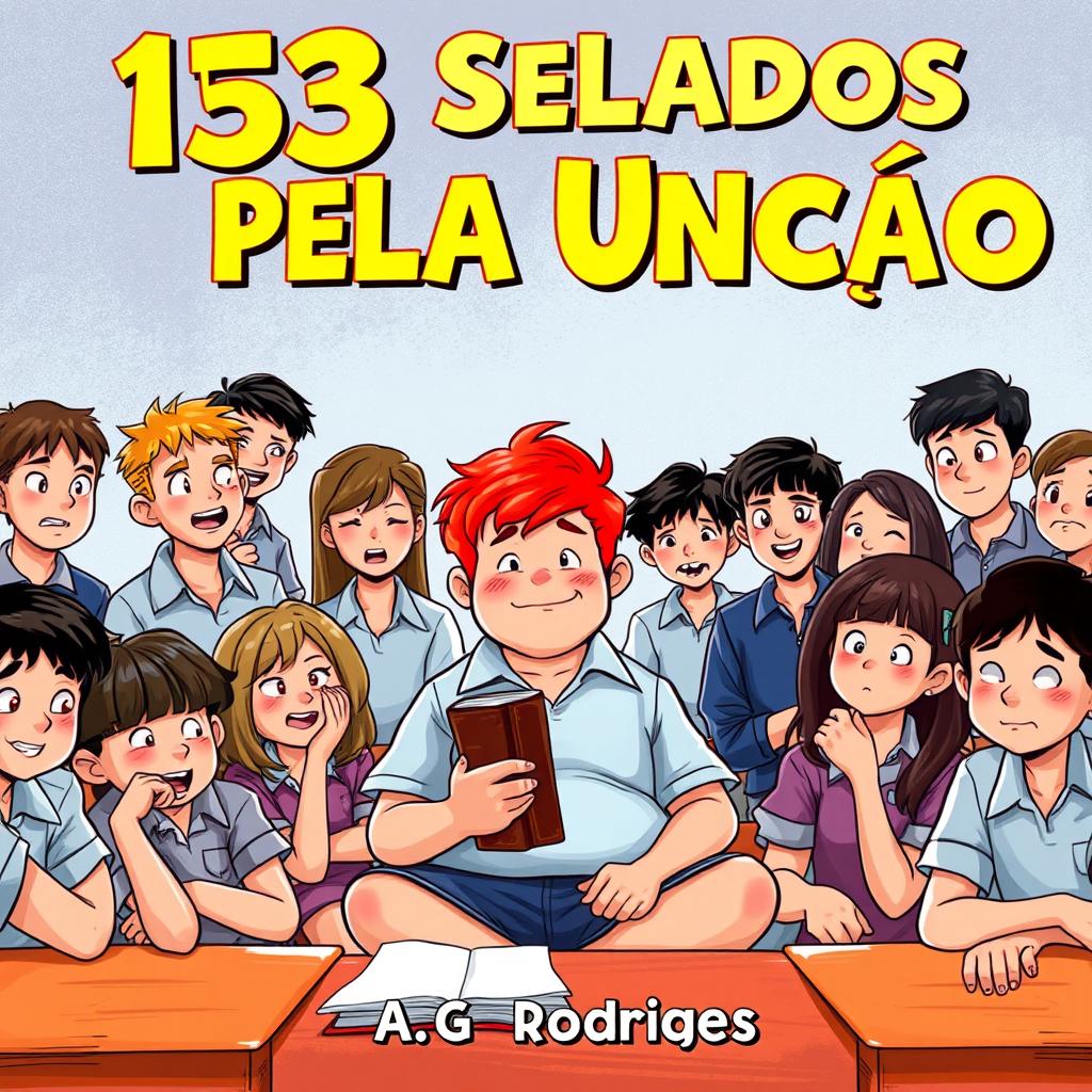 A vibrant classroom scene featuring a chubby teenage boy with bright red hair sitting at the center, holding a Bible