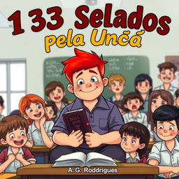 A vibrant classroom scene featuring a chubby teenage boy with bright red hair sitting at the center, holding a Bible