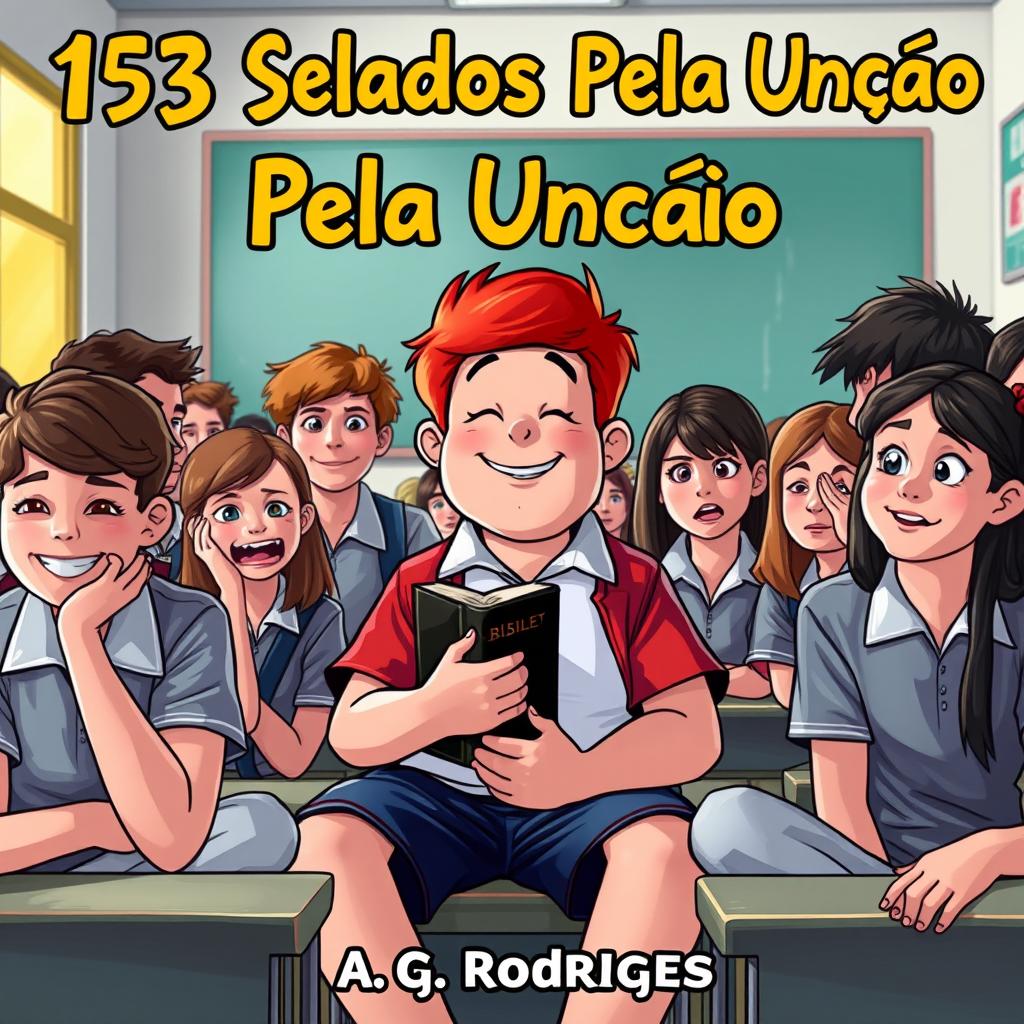 A vibrant classroom scene featuring a chubby teenage boy with bright red hair sitting at the center, holding a Bible