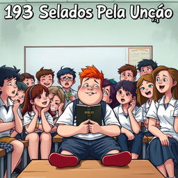 A vibrant classroom scene featuring a chubby teenage boy with bright red hair sitting at the center, holding a Bible