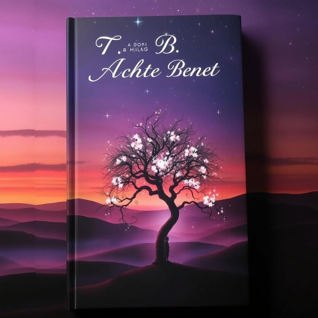 A striking book cover featuring an ethereal landscape, with rolling hills bathed in twilight hues of purple and orange