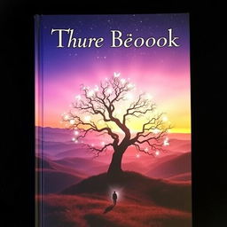 A striking book cover featuring an ethereal landscape, with rolling hills bathed in twilight hues of purple and orange