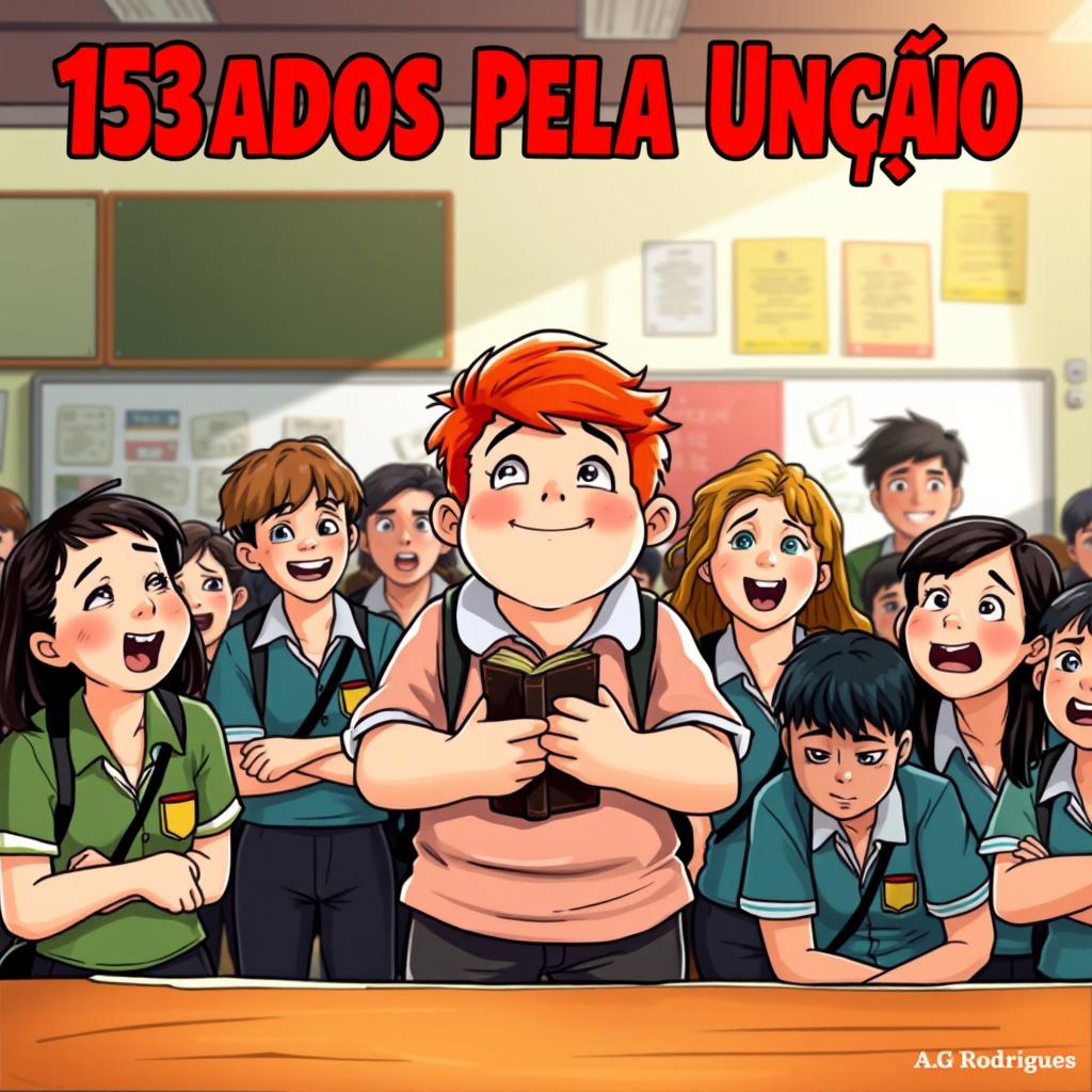 A lively classroom scene featuring a chubby teenage boy with red hair positioned at the center, holding a Bible