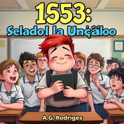 A lively classroom scene featuring a chubby teenage boy with red hair positioned at the center, holding a Bible