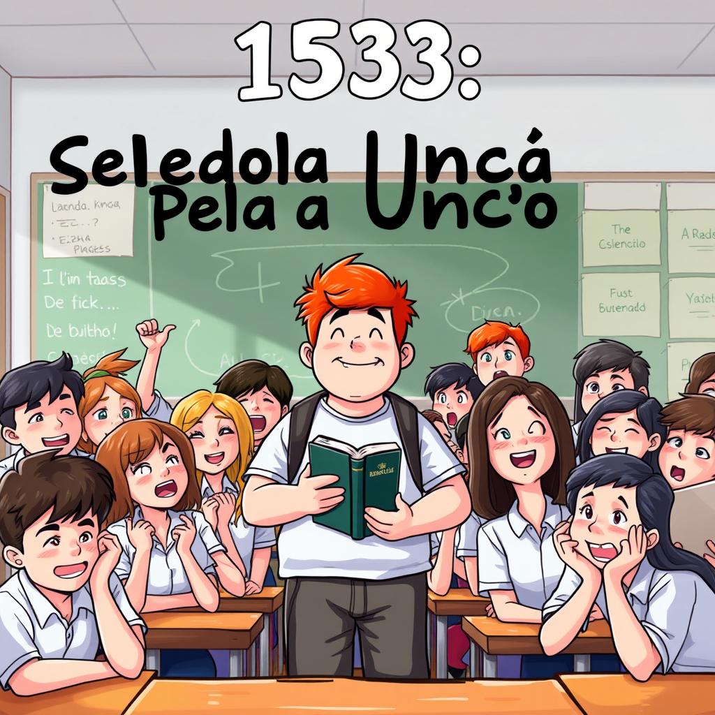 A lively classroom scene featuring a chubby teenage boy with red hair positioned at the center, holding a Bible