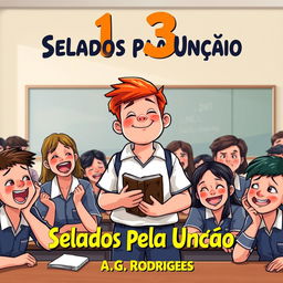 A lively classroom scene featuring a chubby teenage boy with red hair positioned at the center, holding a Bible