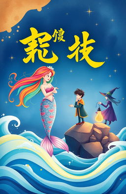 A whimsical and enchanting children's bedtime storybook cover featuring a beautiful mermaid with flowing colorful hair underwater, a handsome prince standing on a rocky shore gazing dreamily at her, and an ominous but intriguing witch in the background casting a spell, beautifully illustrated with vibrant colors