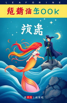 A whimsical and enchanting children's bedtime storybook cover featuring a beautiful mermaid with flowing colorful hair underwater, a handsome prince standing on a rocky shore gazing dreamily at her, and an ominous but intriguing witch in the background casting a spell, beautifully illustrated with vibrant colors