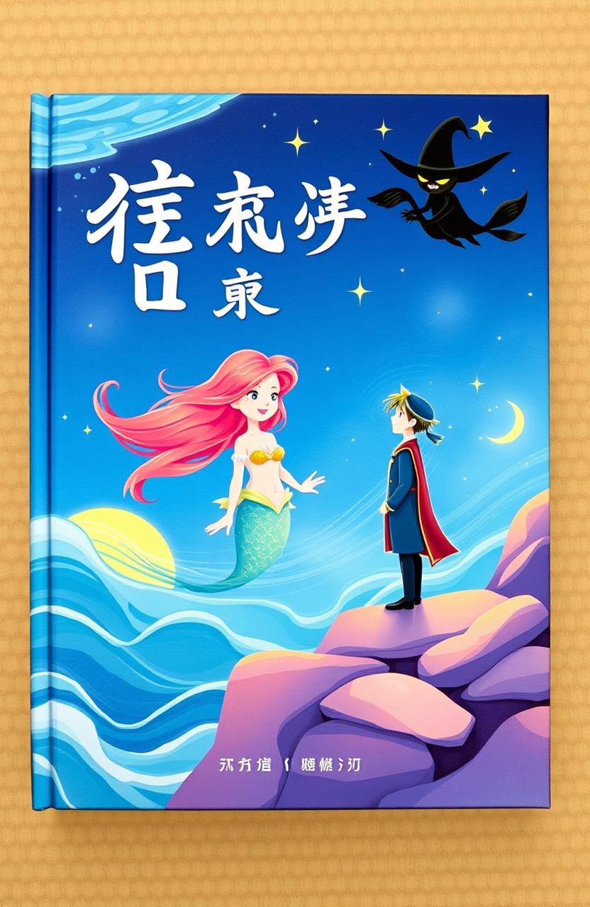 A whimsical and enchanting children's bedtime storybook cover featuring a beautiful mermaid with flowing colorful hair underwater, a handsome prince standing on a rocky shore gazing dreamily at her, and an ominous but intriguing witch in the background casting a spell, beautifully illustrated with vibrant colors