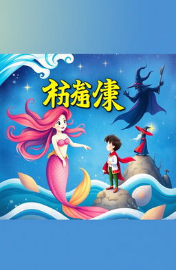 A whimsical and enchanting children's bedtime storybook cover featuring a beautiful mermaid with flowing colorful hair underwater, a handsome prince standing on a rocky shore gazing dreamily at her, and an ominous but intriguing witch in the background casting a spell, beautifully illustrated with vibrant colors