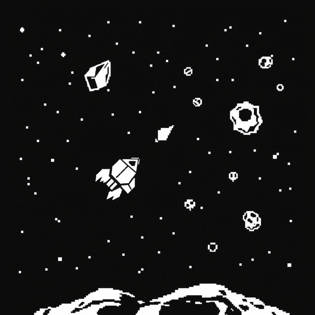 An Atari-style spaceship firing at asteroids, depicted in classic black and white pixel graphics reminiscent of the original Asteroids game