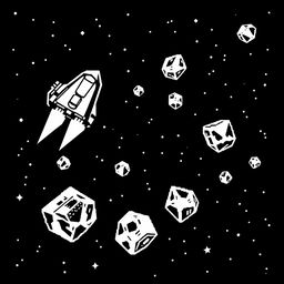 An Atari-style spaceship firing at asteroids, depicted in classic black and white pixel graphics reminiscent of the original Asteroids game