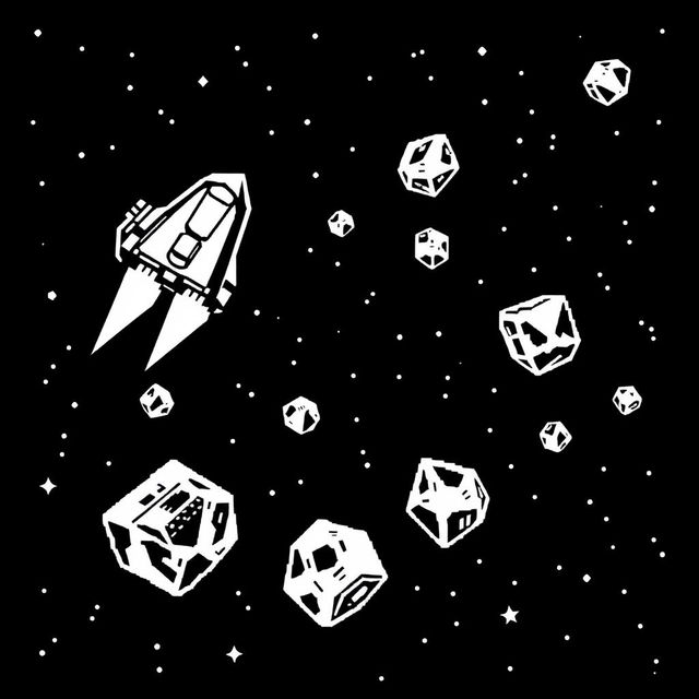 An Atari-style spaceship firing at asteroids, depicted in classic black and white pixel graphics reminiscent of the original Asteroids game