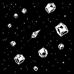 An Atari-style spaceship firing at asteroids, depicted in classic black and white pixel graphics reminiscent of the original Asteroids game