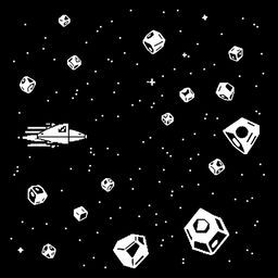 An Atari-style spaceship firing at asteroids, depicted in classic black and white pixel graphics reminiscent of the original Asteroids game