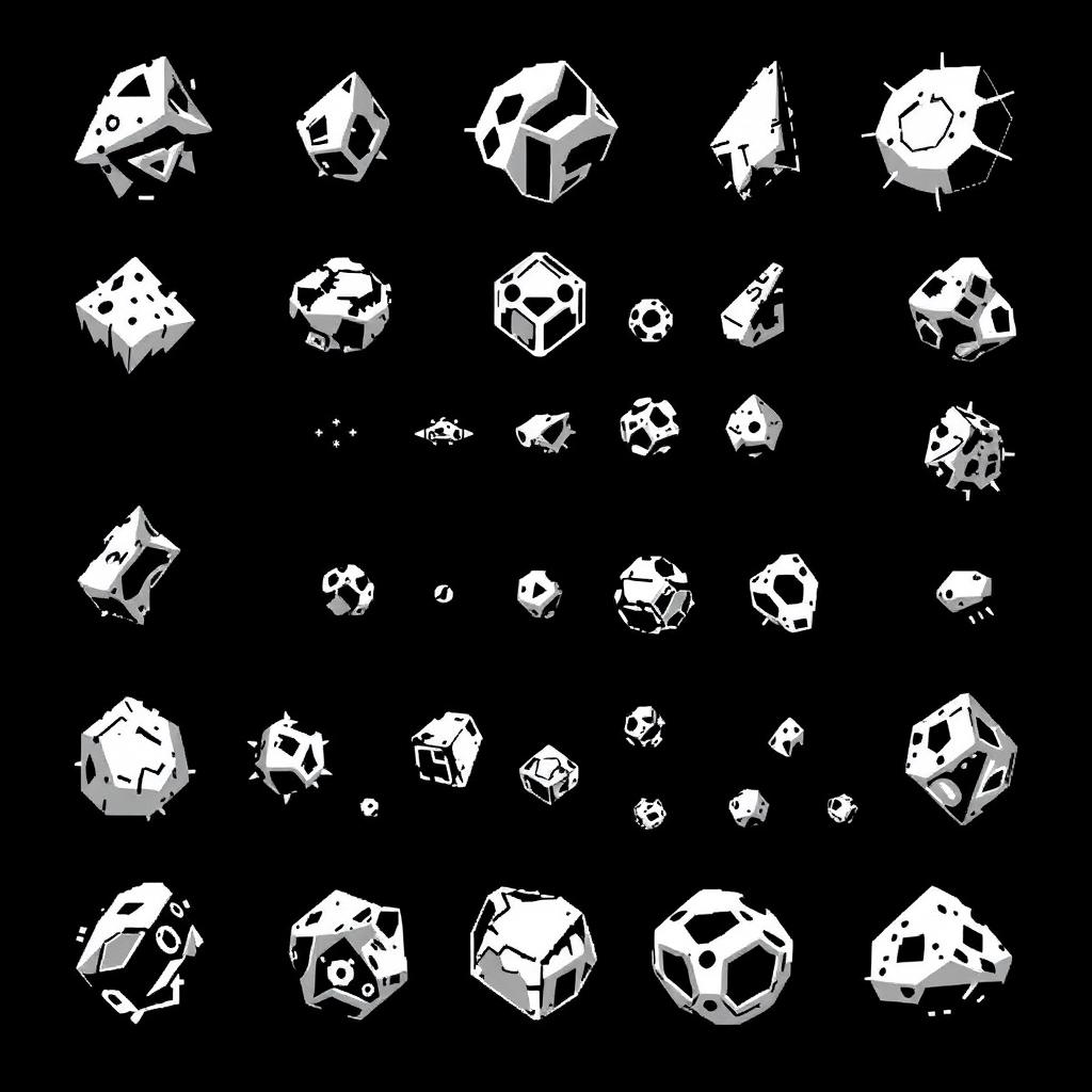 A collection of various retro Atari-style sprites of asteroids, designed in classic black and white pixel art