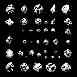 A collection of various retro Atari-style sprites of asteroids, designed in classic black and white pixel art