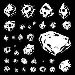 A collection of various retro Atari-style sprites of asteroids, designed in classic black and white pixel art