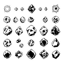 A collection of various retro Atari-style sprites of asteroids, designed in classic black and white pixel art