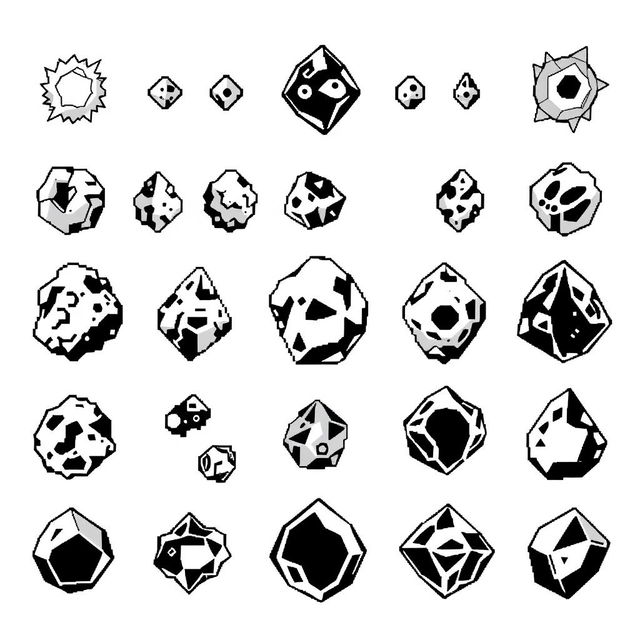 A collection of various retro Atari-style sprites of asteroids, designed in classic black and white pixel art