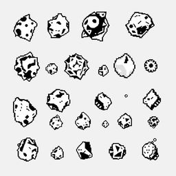 A collection of various retro Atari-style sprites of asteroids, designed in classic black and white pixel art