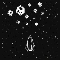 An Atari-style spaceship looking up at asteroids, depicted in classic black and white pixel graphics reminiscent of the original Asteroids game