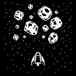 An Atari-style spaceship looking up at asteroids, depicted in classic black and white pixel graphics reminiscent of the original Asteroids game