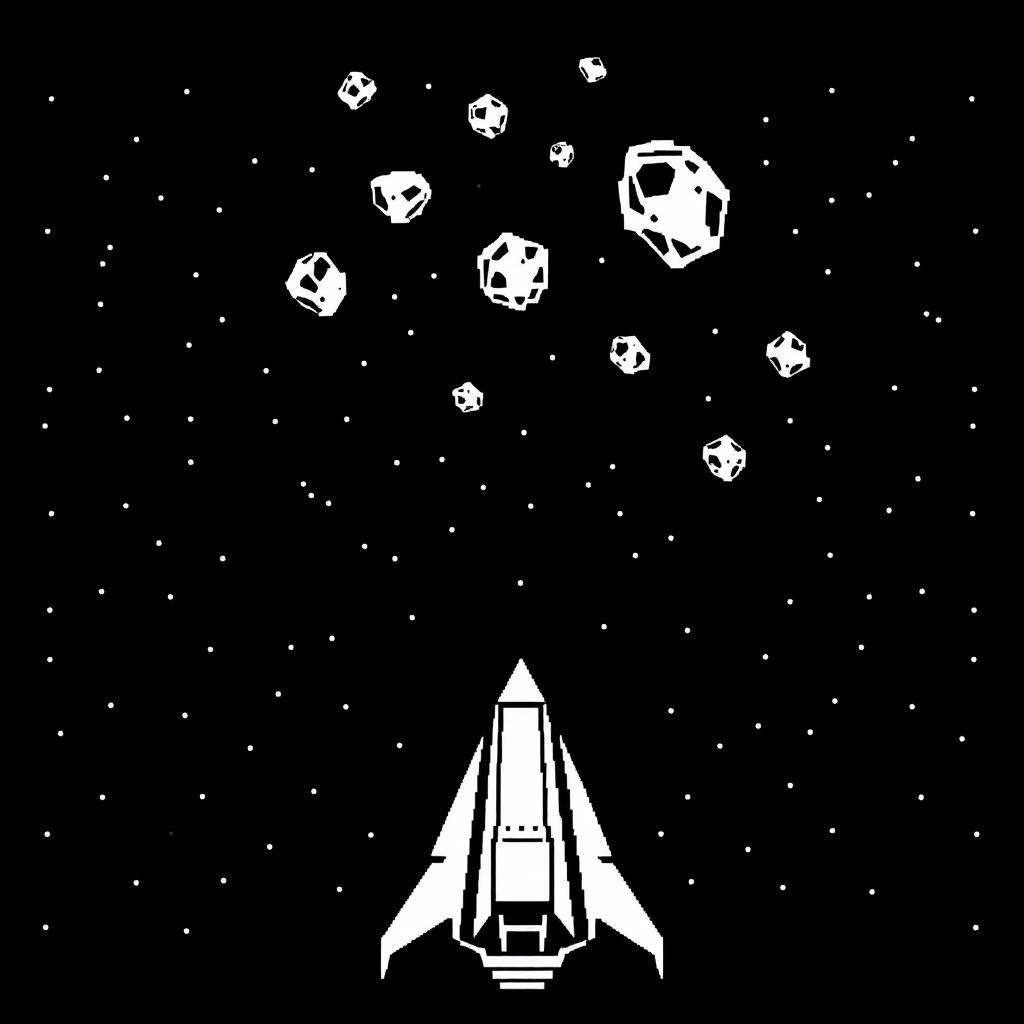 An Atari-style spaceship looking up at asteroids, depicted in classic black and white pixel graphics reminiscent of the original Asteroids game